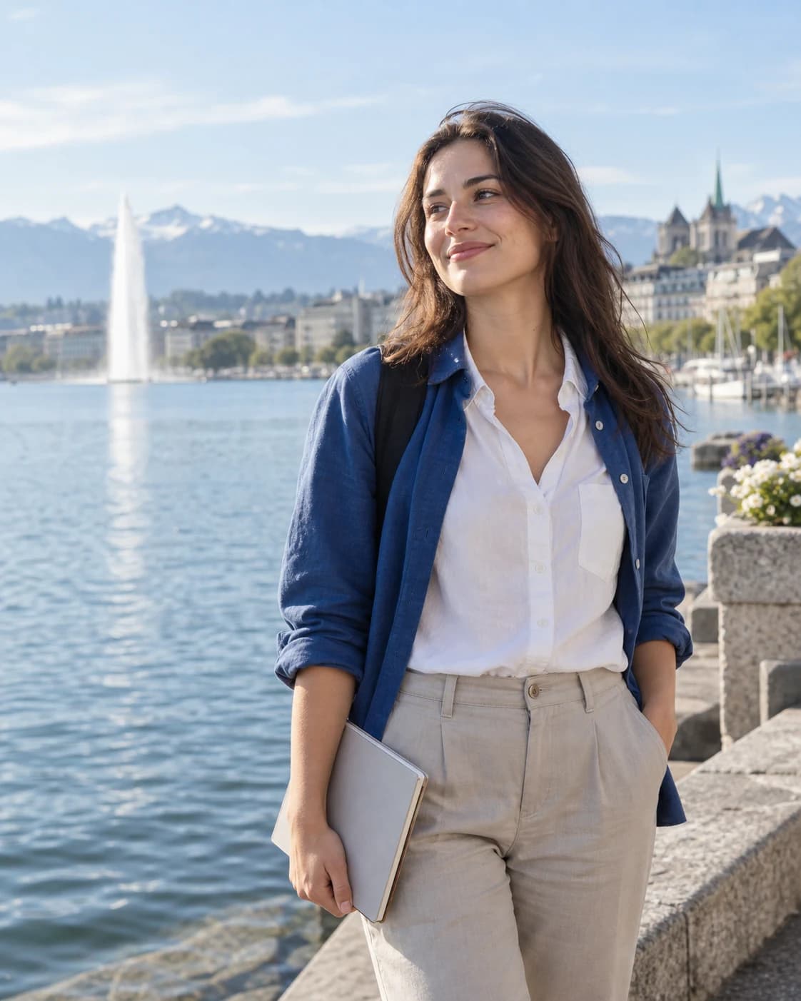 A smiling young woman holding a notebook by Lake Geneva.