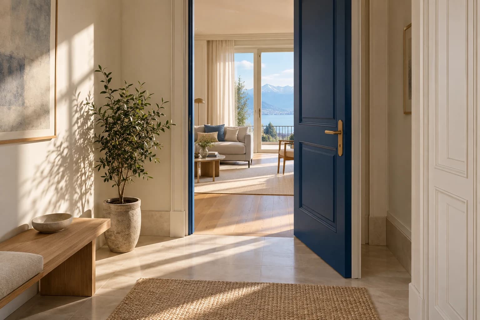 An open blue door leading into a bright, welcoming home.