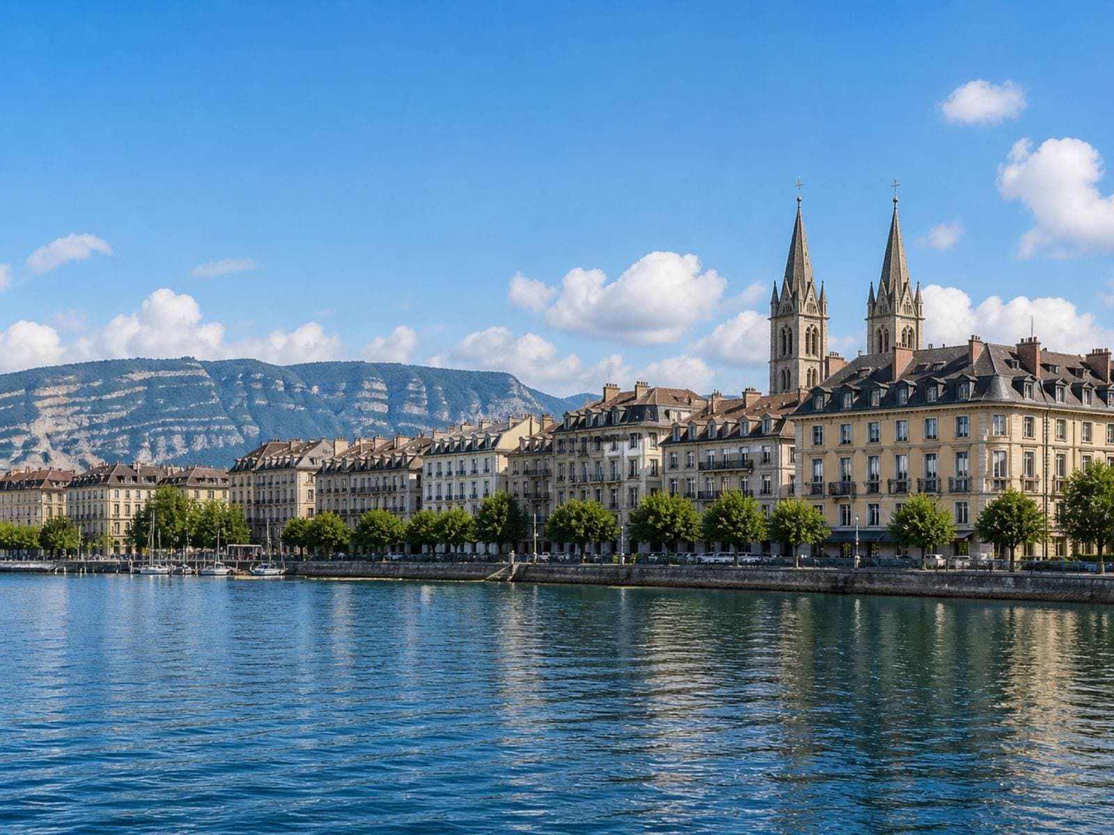 Premium apartment interior with view over Geneva and Swiss mountains
